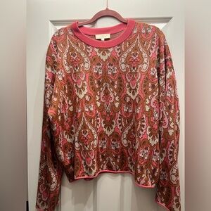 Sezane Pink Brown Patterned Crewneck Sweater